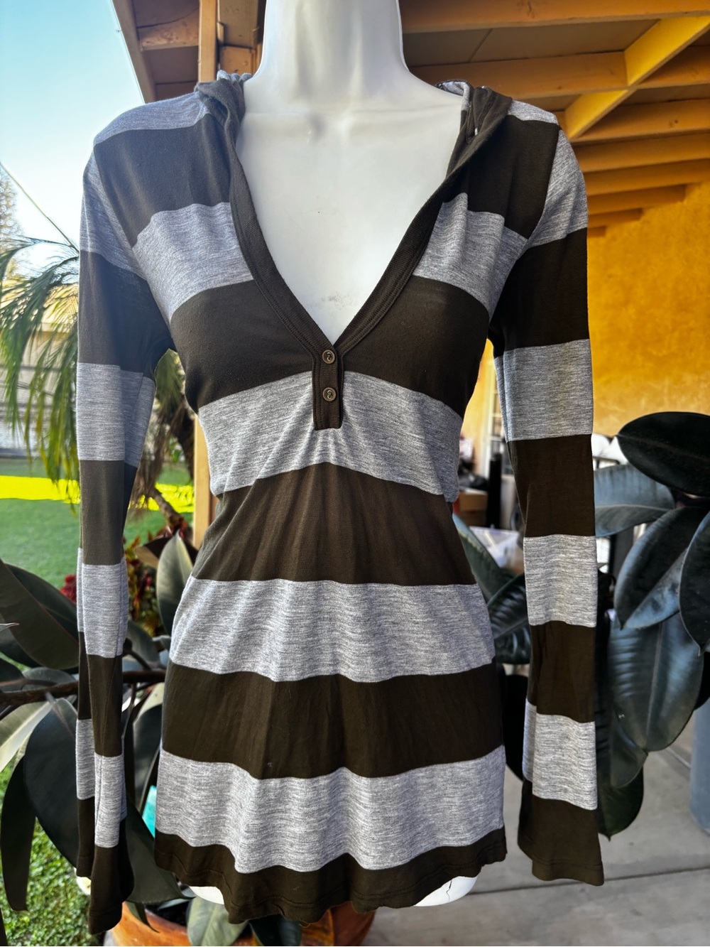 Splendid Gray and Olive Striped Hooded Top with V-Neck